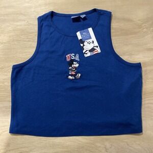 New Disney Mickey Mouse USA Tank Top‎ Women's  XL Crop Cropped Blue Embroidered
